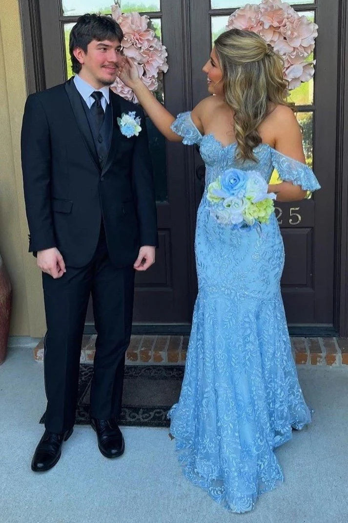 Charming Blue Mermaid Off-Shoulder Sleeveless Floral Lace Ruffle Back Zip Floor-Length Prom Dress