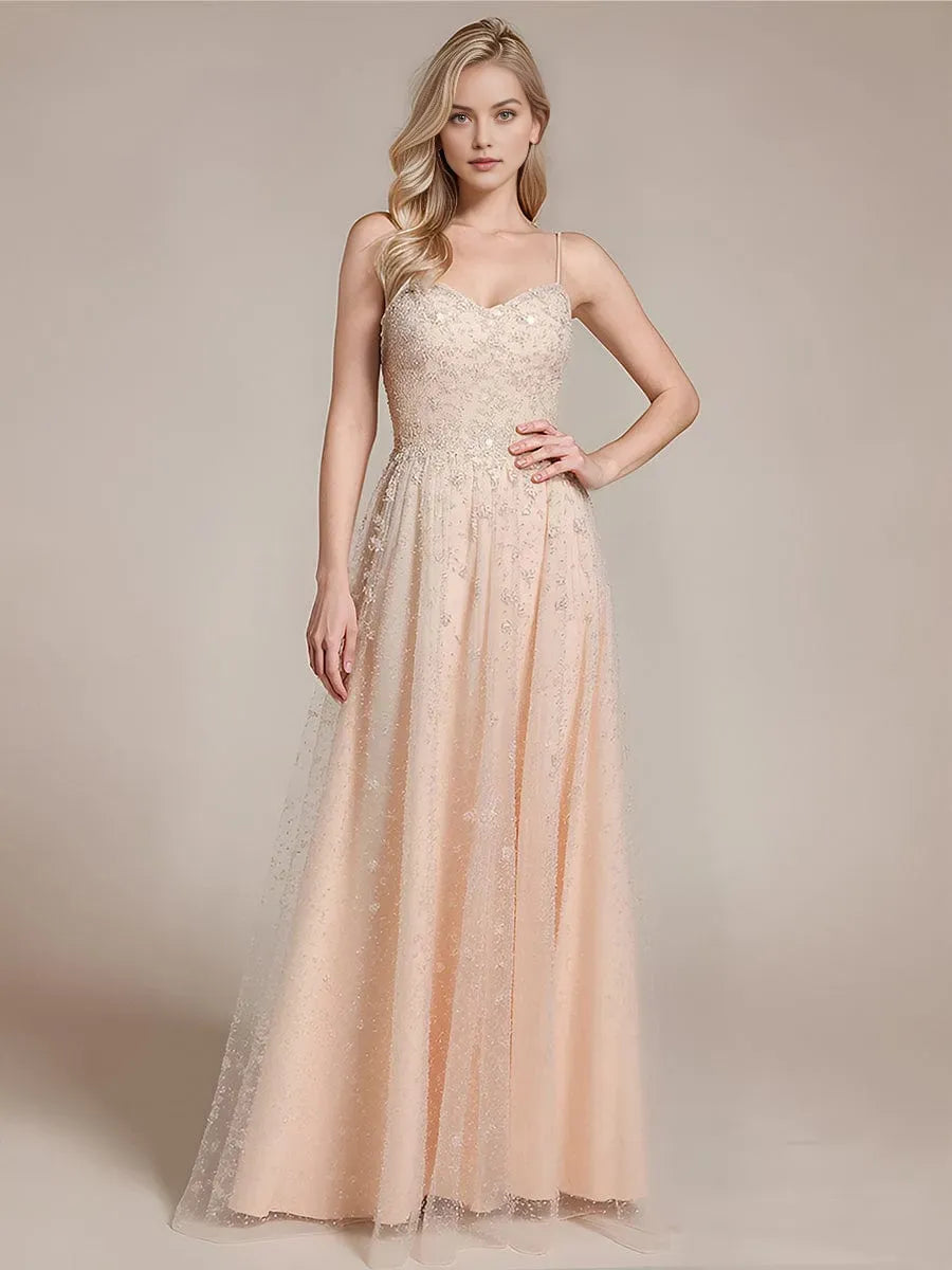 Charming Blush A-Line Plunge Neck Sleeveless Sequin Embellished Lace-Up Floor-Length Tulle Prom Dresses