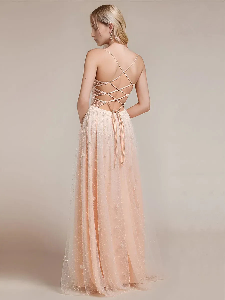 Charming Blush A-Line Plunge Neck Sleeveless Sequin Embellished Lace-Up Floor-Length Tulle Prom Dresses