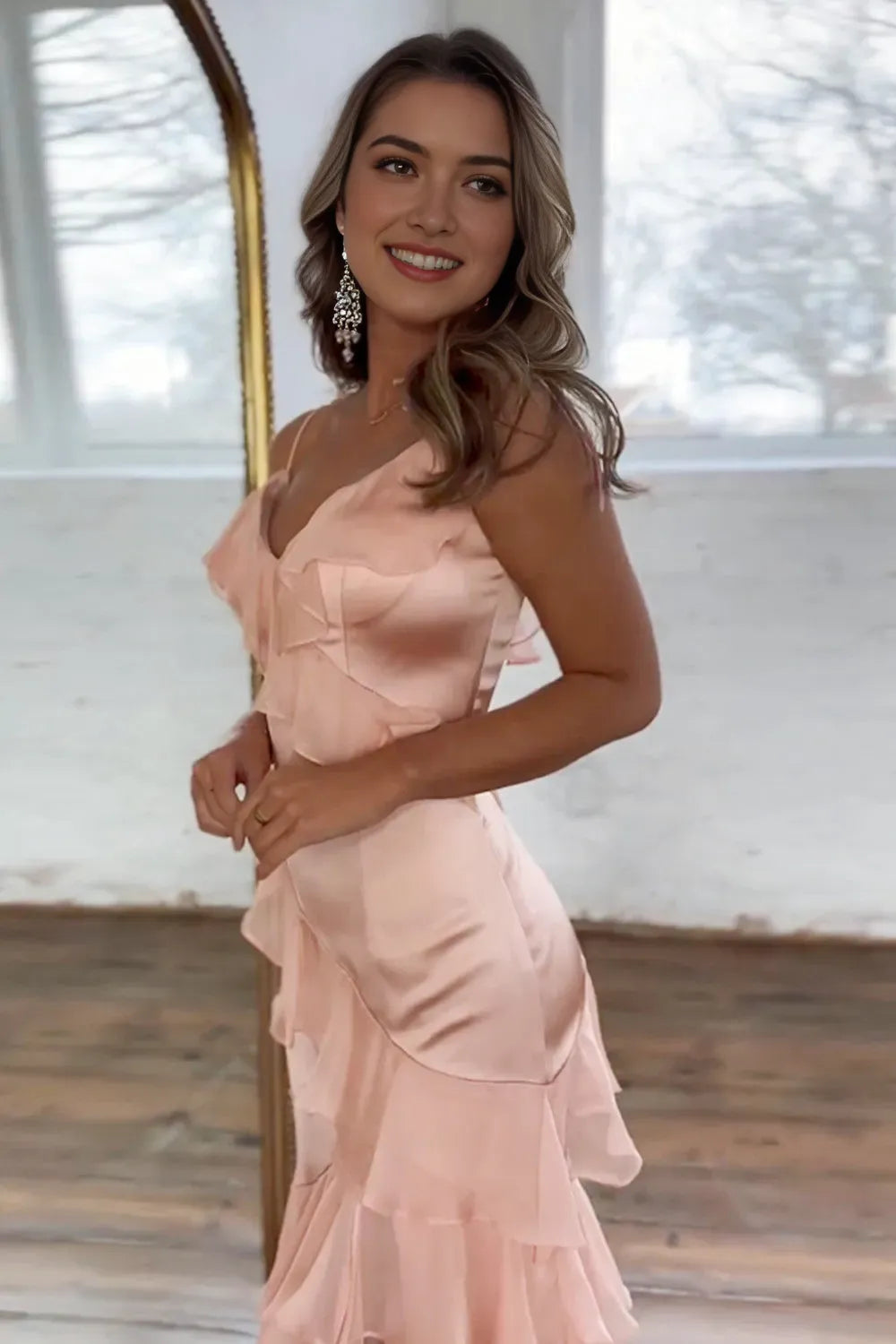 Charming Blush Mermaid V-Neck Spaghetti Straps Tiered Lace Up High-Slit Floor-Length Prom Dress With Ruffles