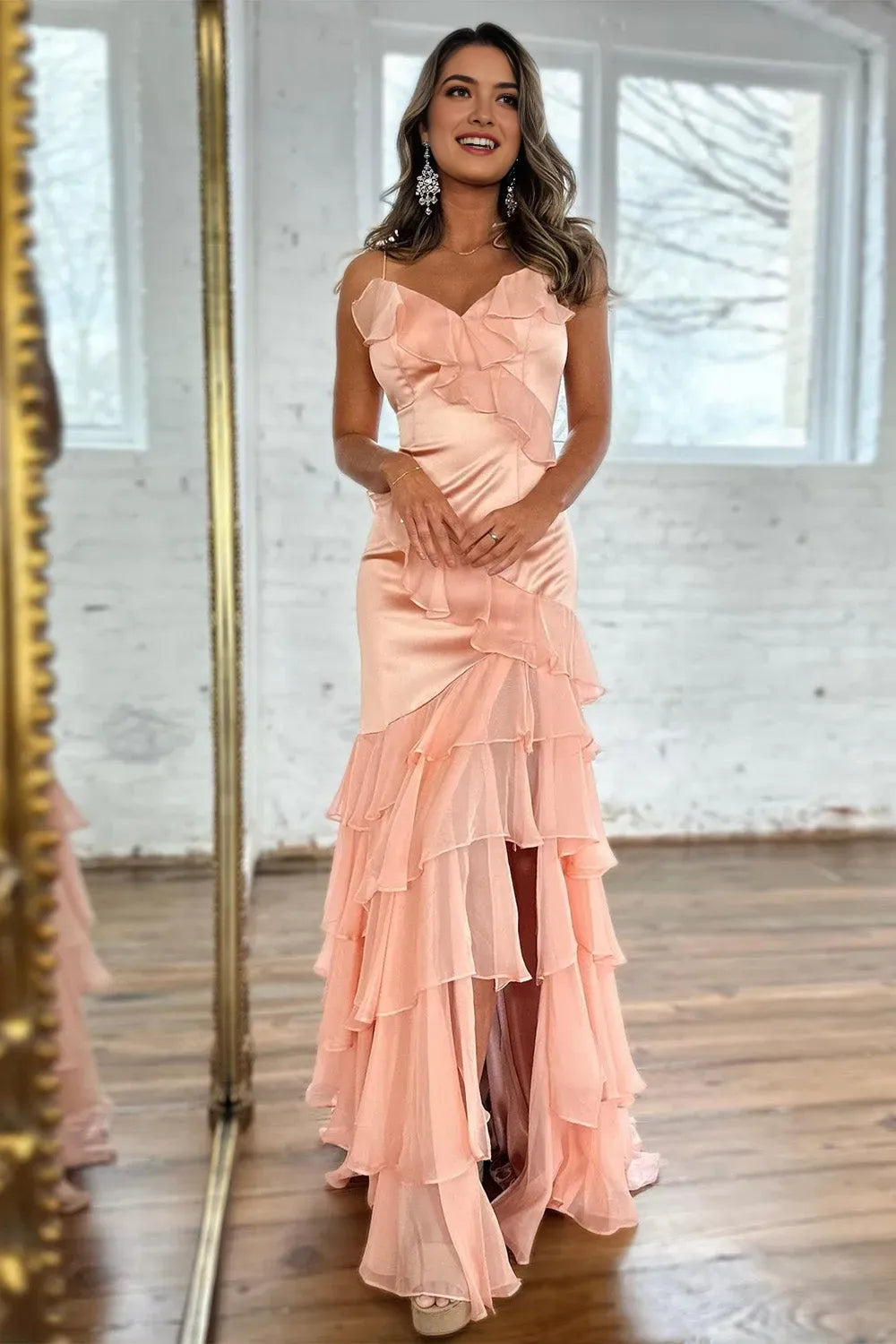 Charming Blush Mermaid V-Neck Spaghetti Straps Tiered Lace Up High-Slit Floor-Length Prom Dress With Ruffles