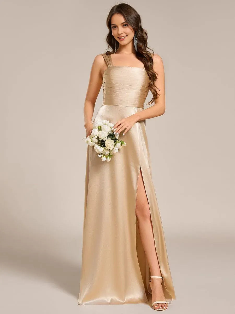 Charming Champagne Mermaid Square Neck Sleeveless Ruched Bodice Floor-Length High Slit Satin Prom Dresses