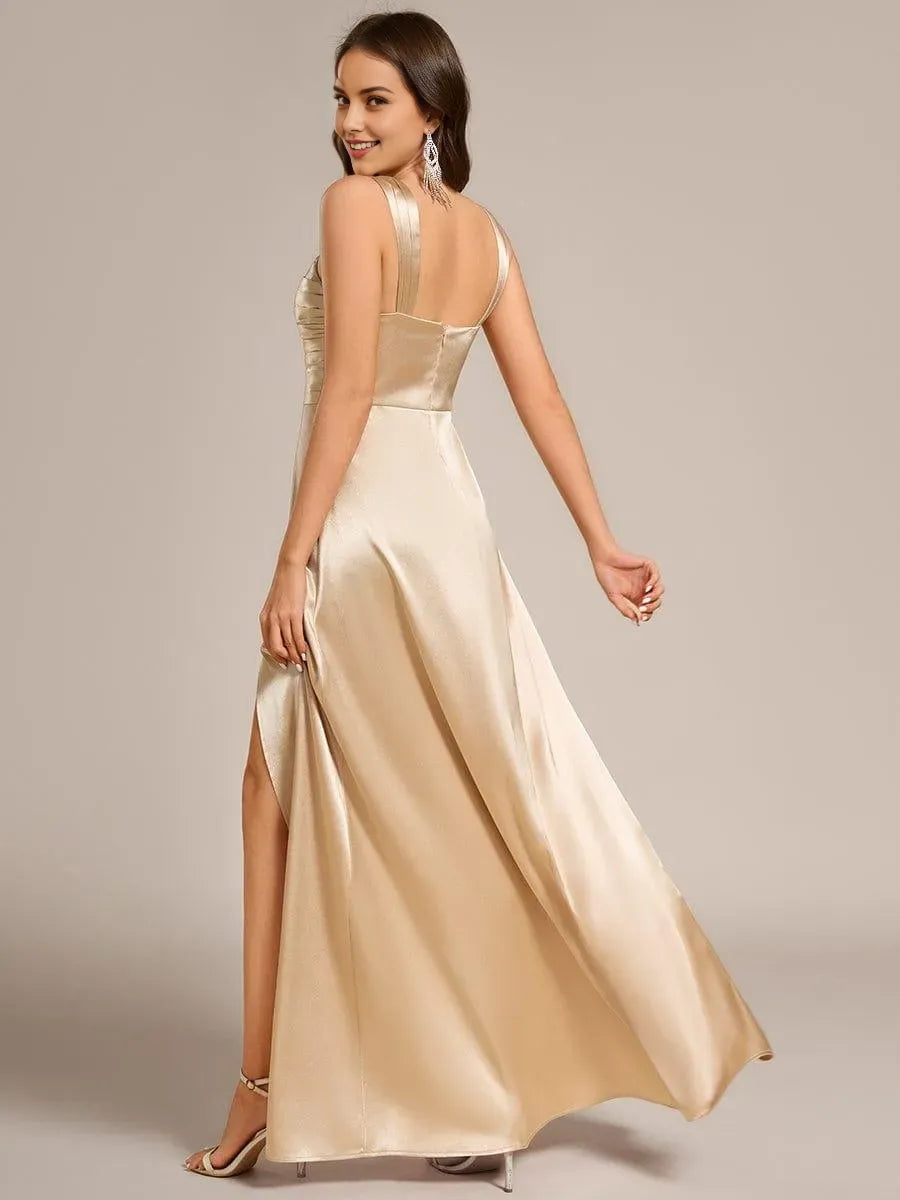 Charming Champagne Mermaid Square Neck Sleeveless Ruched Bodice Floor-Length High Slit Satin Prom Dresses