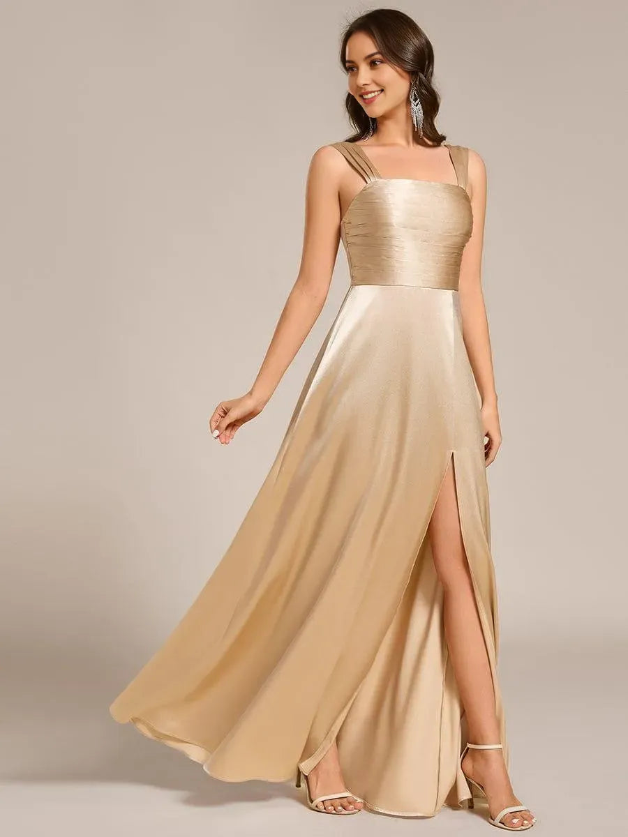 Charming Champagne Mermaid Square Neck Sleeveless Ruched Bodice Floor-Length High Slit Satin Prom Dresses
