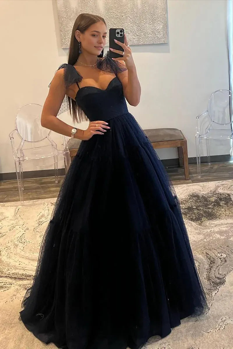 Charming Dark Navy A-Line Spaghetti-Strap Sleeveless Ruffles Tulle Back Zipper Floor-Length Prom Dress