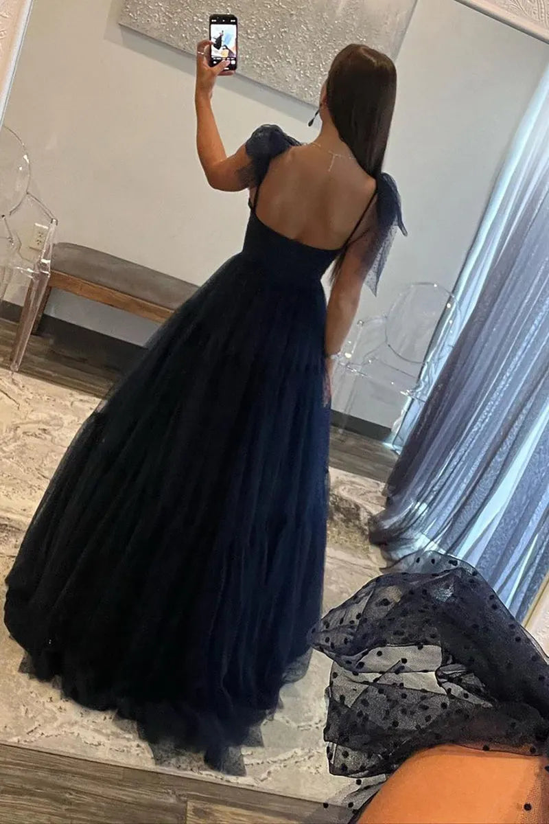 Charming Dark Navy A-Line Spaghetti-Strap Sleeveless Ruffles Tulle Back Zipper Floor-Length Prom Dress