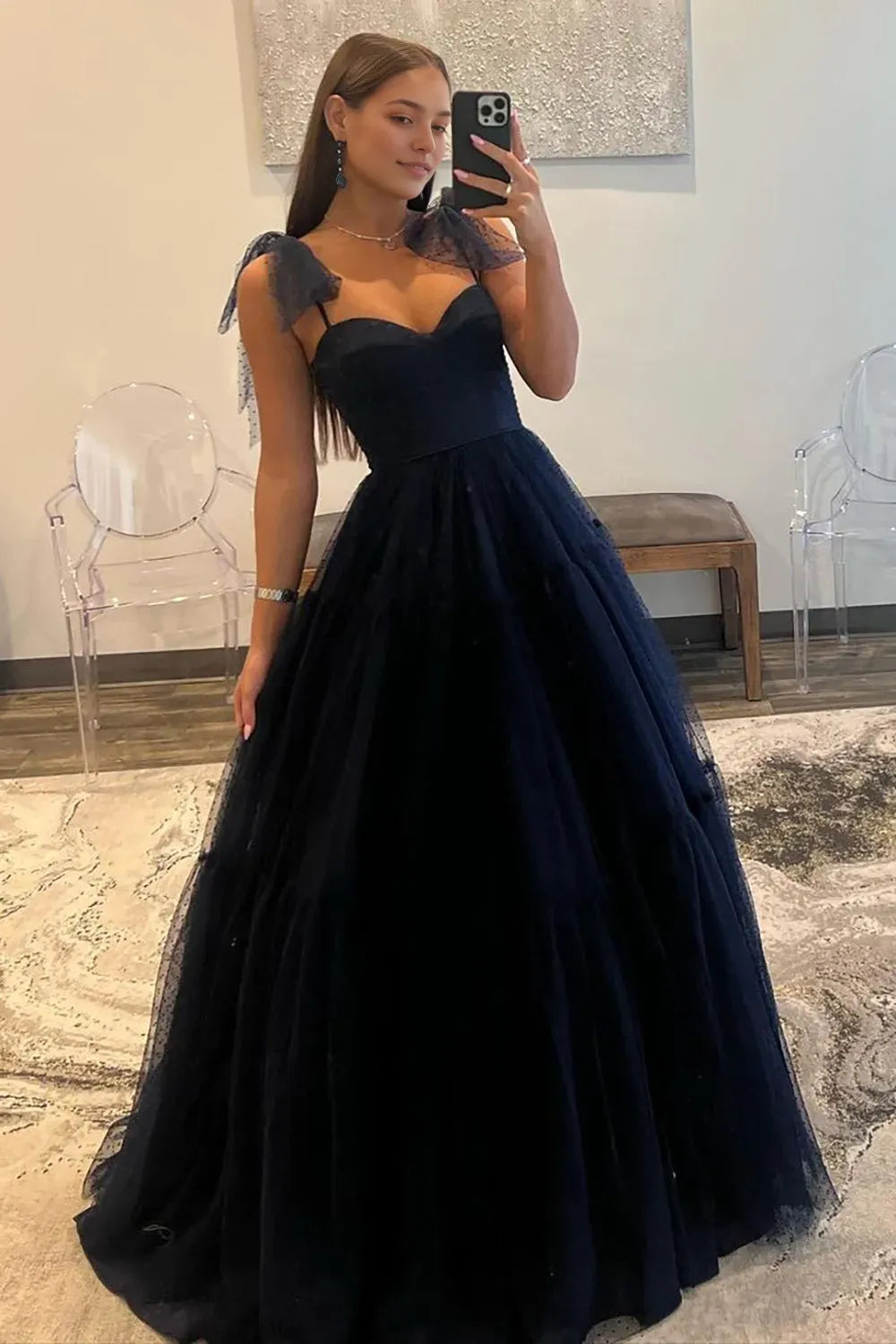 Charming Dark Navy A-Line Spaghetti-Strap Sleeveless Ruffles Tulle Back Zipper Floor-Length Prom Dress