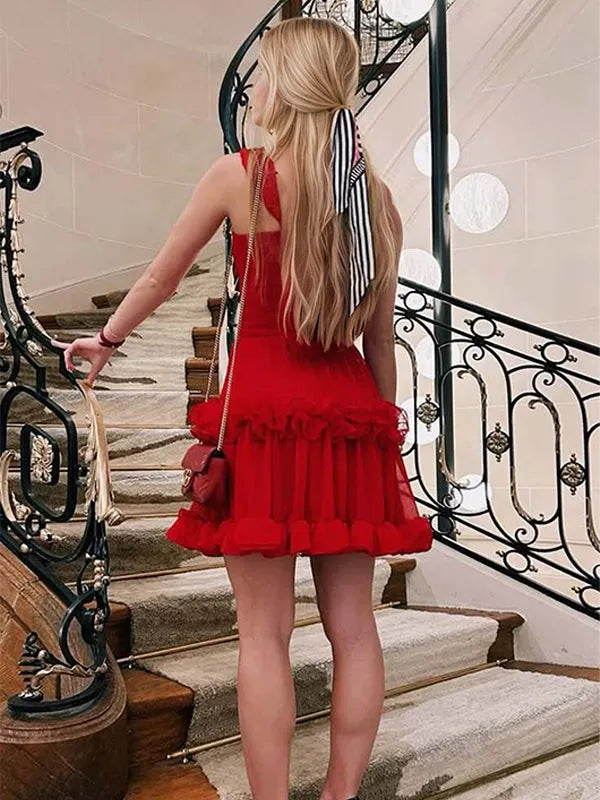 Charming Fit-and-Flare Square Neck Spaghetti Strap Solid Back Mini Homecoming Dresses