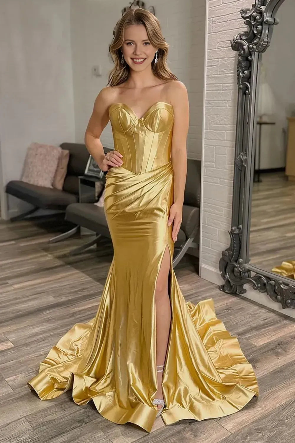Charming Gold Mermaid Sweetheart Neck Strapless Metallic Back Zip Floor-Length Prom Dress With Slit