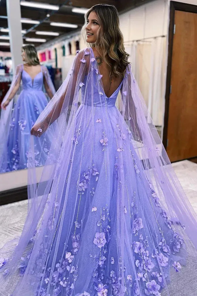 Charming Lavender A Line Sweetheart Neck Cap Sleeves Tulle Floral Lace Back Zip Back Beaded Slit Floor-Length Prom Dresses