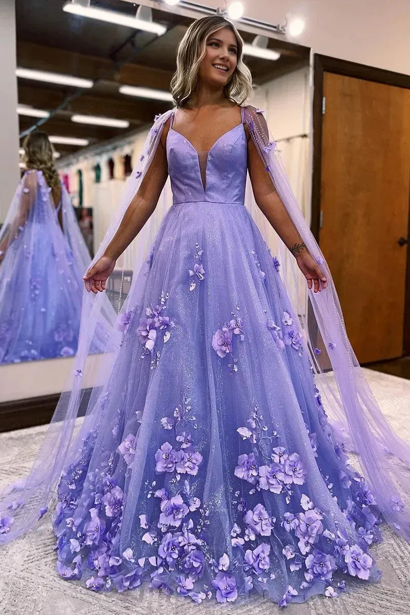 Charming Lavender A Line Sweetheart Neck Cap Sleeves Tulle Floral Lace Back Zip Back Beaded Slit Floor-Length Prom Dresses