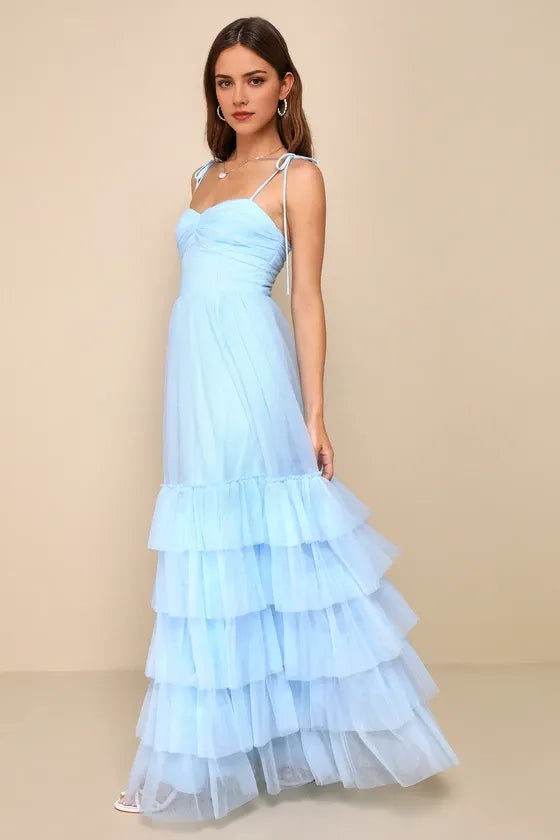 Charming Light Blue A-Line Sweetheart Neck Tie-Strap Back Zip Floor-Length Tiered Tulle Prom Dress