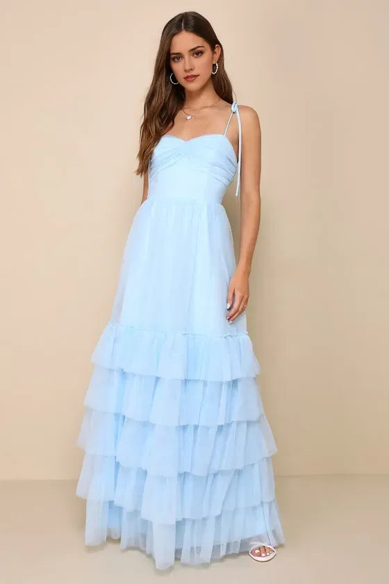Charming Light Blue A-Line Sweetheart Neck Tie-Strap Back Zip Floor-Length Tiered Tulle Prom Dress