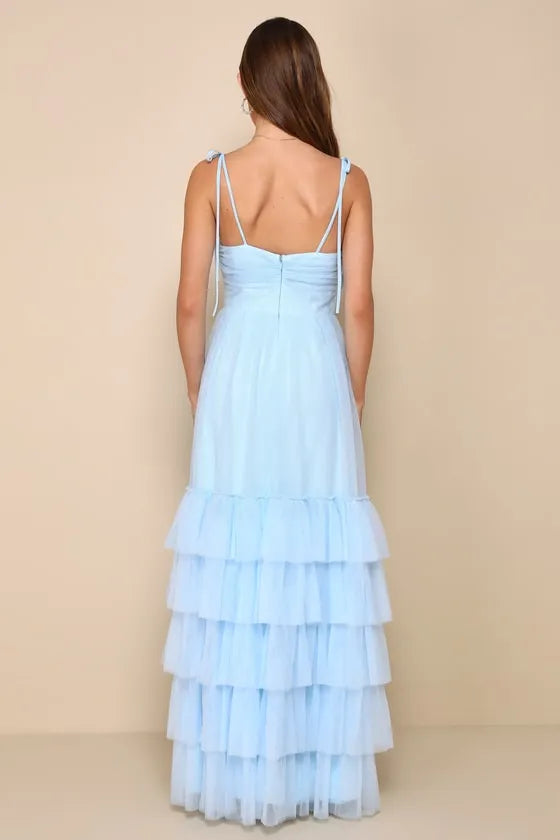Charming Light Blue A-Line Sweetheart Neck Tie-Strap Back Zip Floor-Length Tiered Tulle Prom Dress