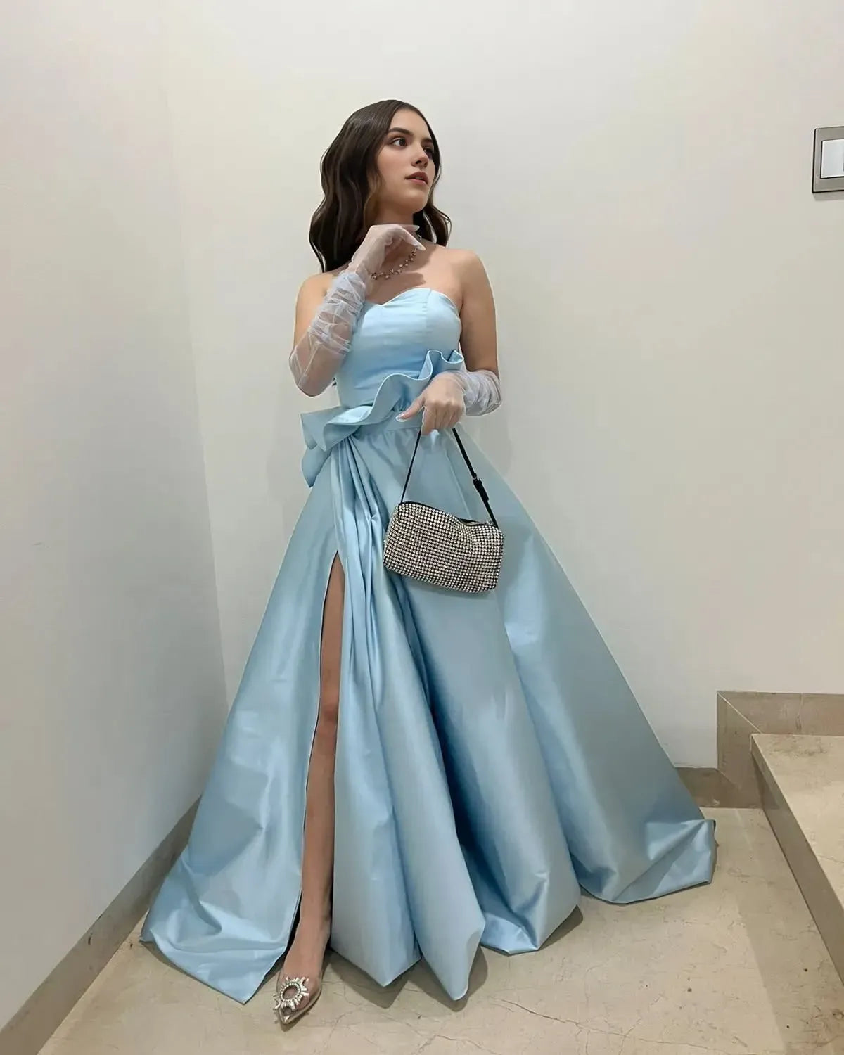 Charming Light Blue A Line Sweetheart Neck Sleeveless Lace Up Ruffled High Side Slit Floor-Length Prom Dresses