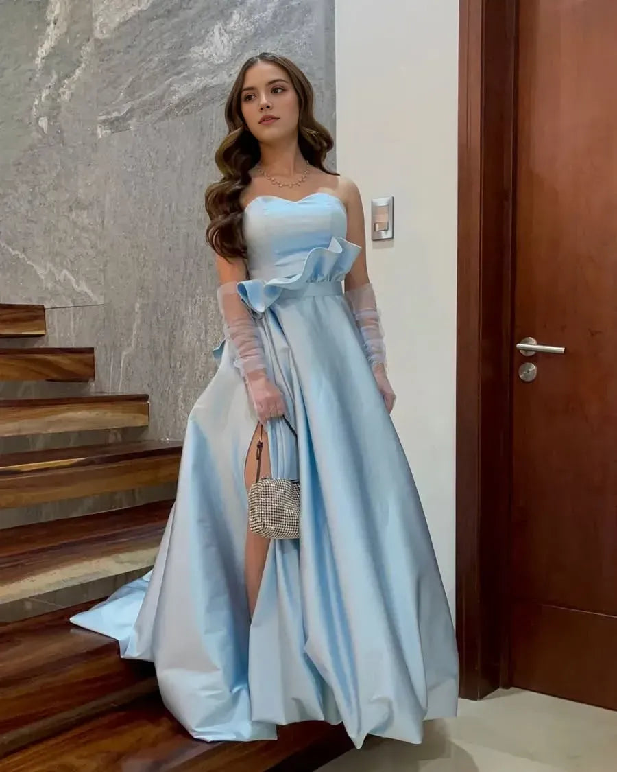 Charming Light Blue A Line Sweetheart Neck Sleeveless Lace Up Ruffled High Side Slit Floor-Length Prom Dresses