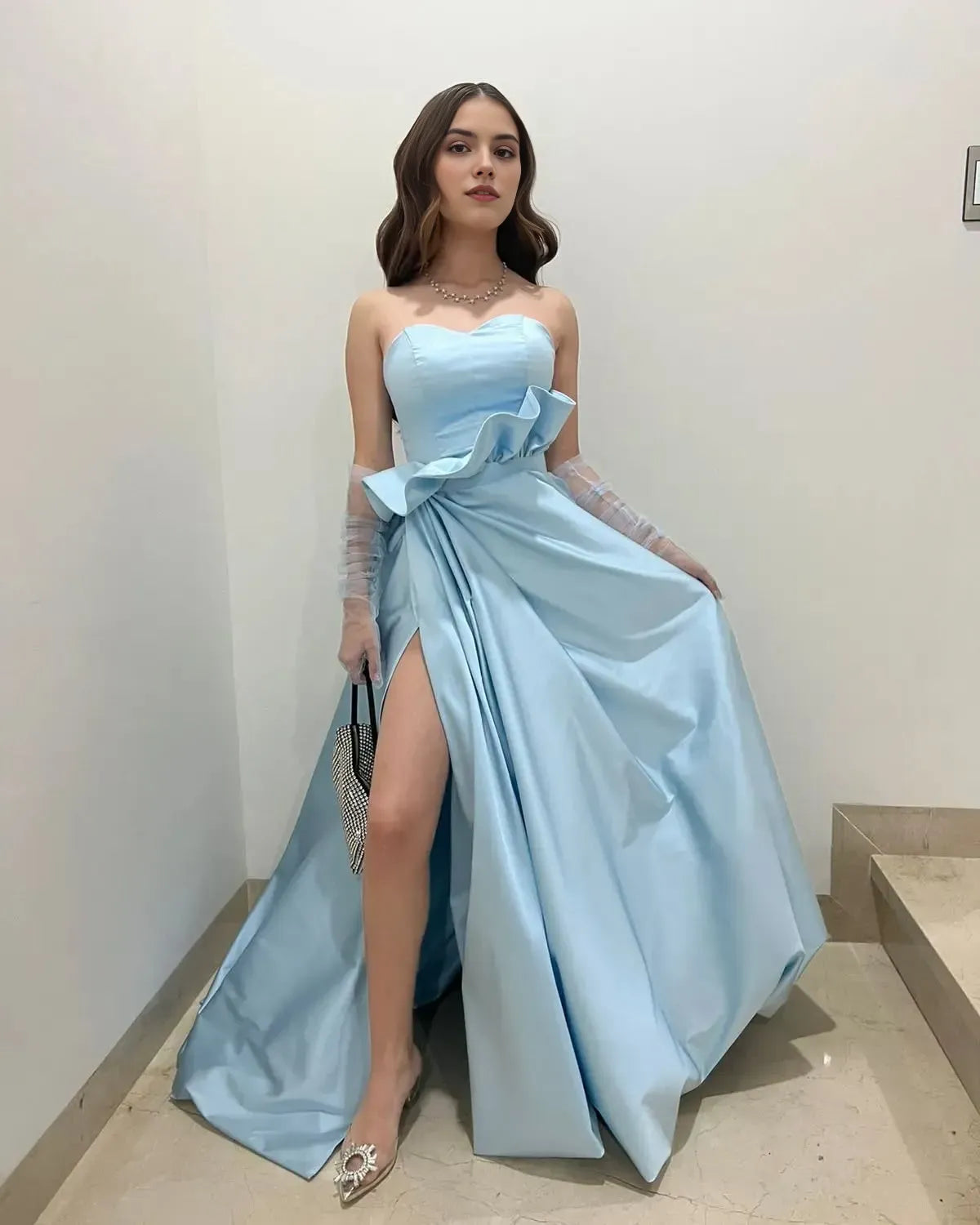 Charming Light Blue A Line Sweetheart Neck Sleeveless Lace Up Ruffled High Side Slit Floor-Length Prom Dresses