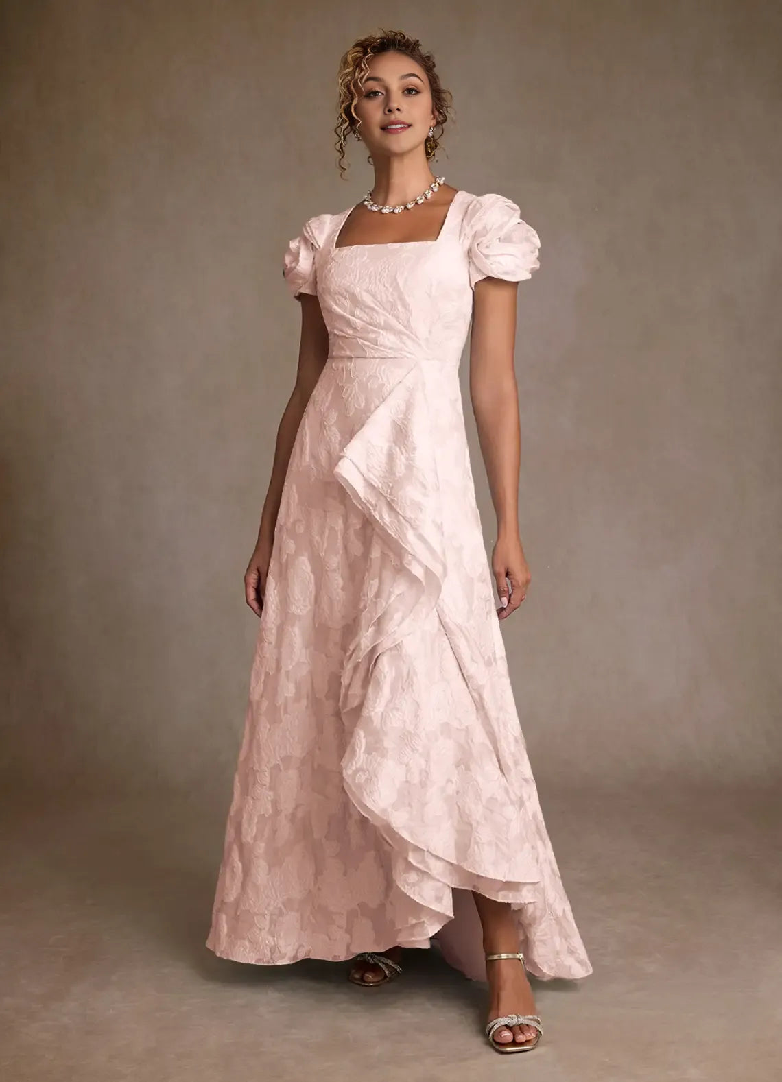 Charming Light Pink A-Line Square-Neck Puff-Sleeve Floral Lace Ruffle Embellished Back Zip Floor-Length Mother of the Bride Dress With Side Leg Slit