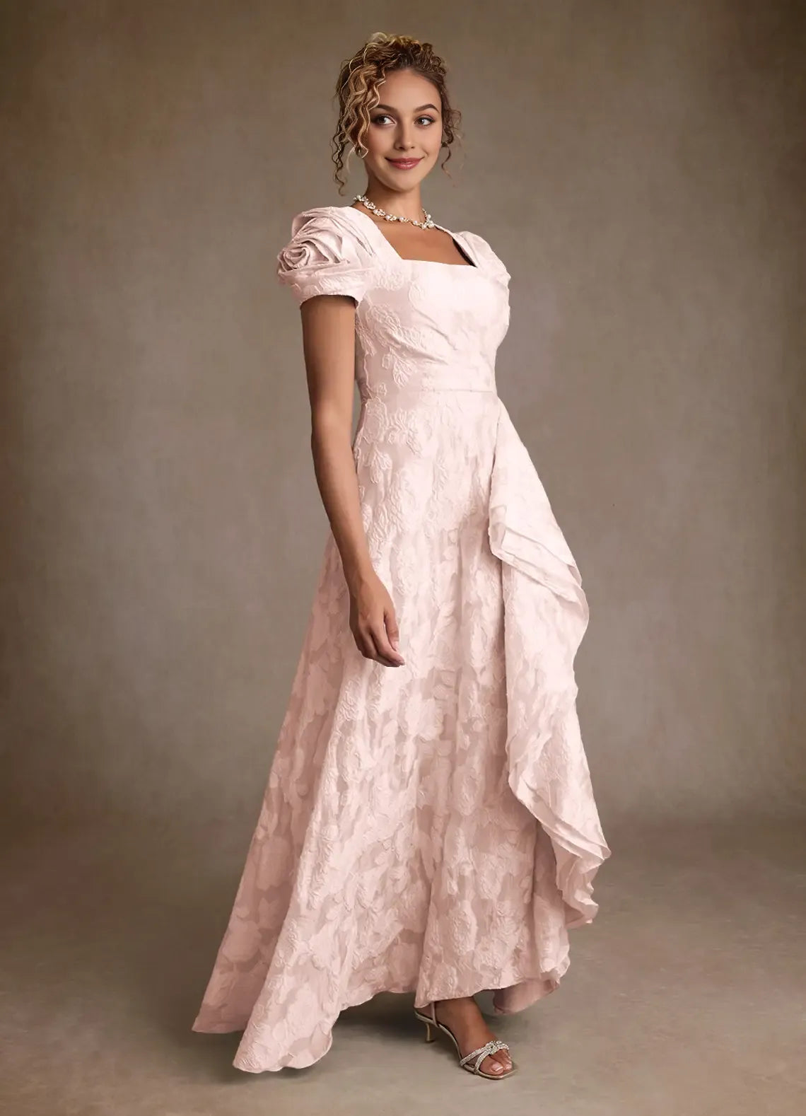 Charming Light Pink A-Line Square-Neck Puff-Sleeve Floral Lace Ruffle Embellished Back Zip Floor-Length Mother of the Bride Dress With Side Leg Slit