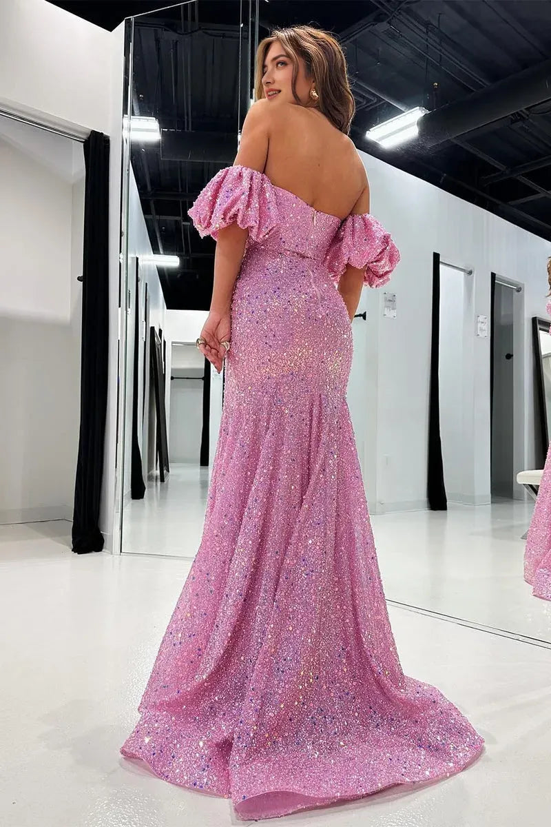 Charming Light Pink Mermaid Off-Shoulder Puff-Sleeve Sequined Back Zip High-Slit Floor-Length Prom Dress