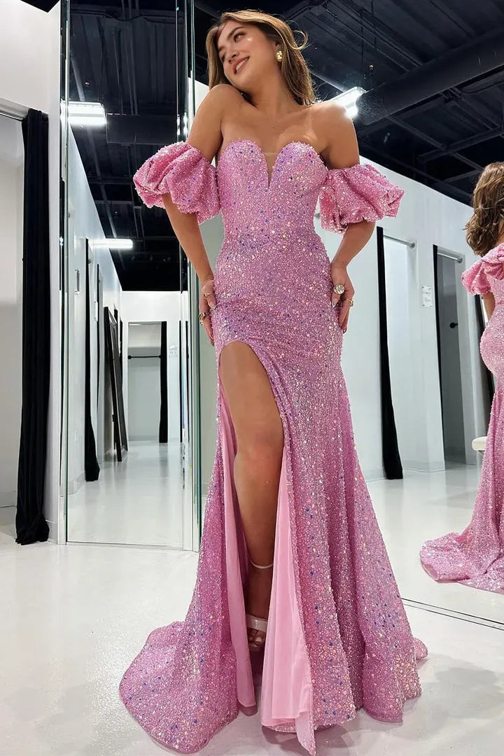 Charming Light Pink Mermaid Off-Shoulder Puff-Sleeve Sequined Back Zip High-Slit Floor-Length Prom Dress