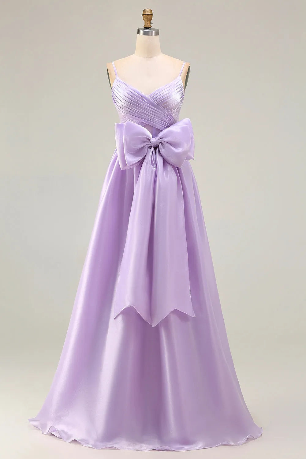 Charming Lilac A-Line Spaghetti Strap Sleeveless Back Zip Floor-Length Satin Prom Dress with Bow