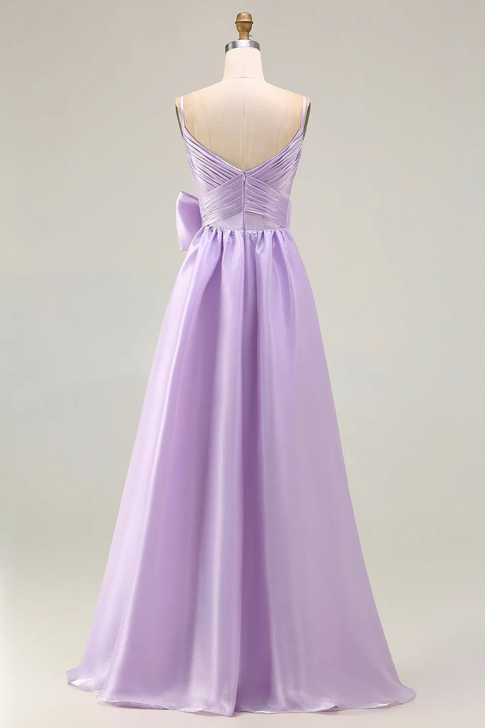 Charming Lilac A-Line Spaghetti Strap Sleeveless Back Zip Floor-Length Satin Prom Dress with Bow