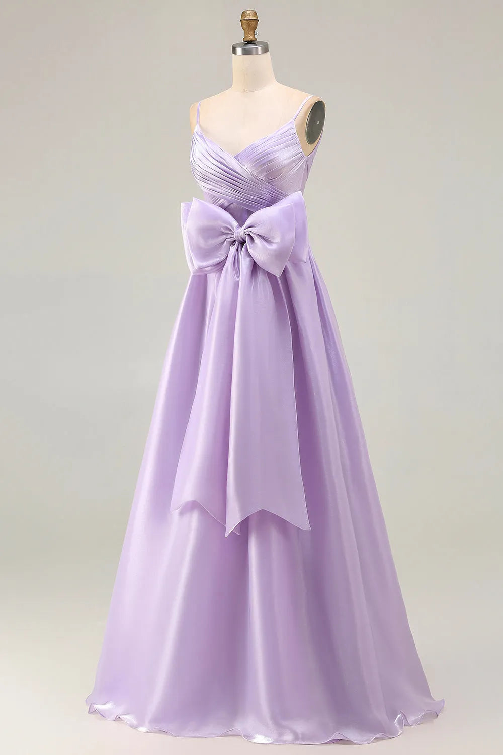 Charming Lilac A-Line Spaghetti Strap Sleeveless Back Zip Floor-Length Satin Prom Dress with Bow