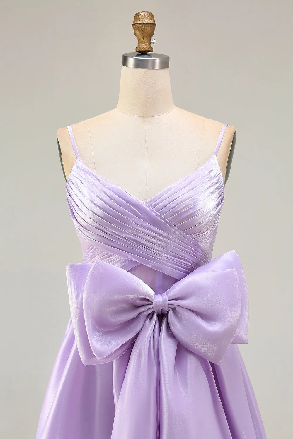 Charming Lilac A-Line Spaghetti Strap Sleeveless Back Zip Floor-Length Satin Prom Dress with Bow