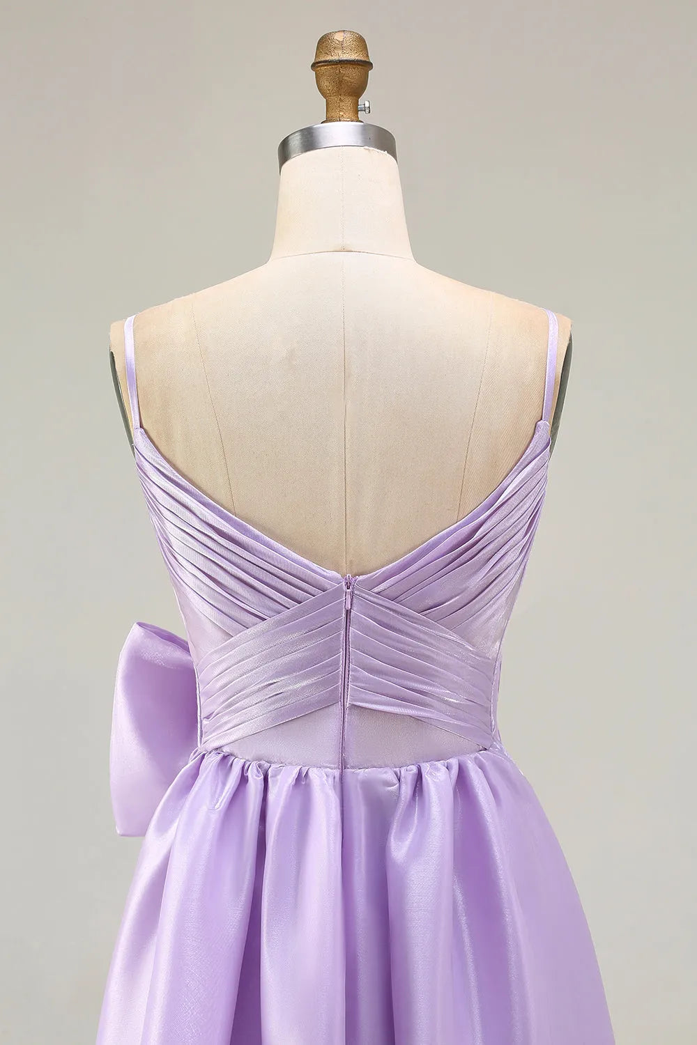 Charming Lilac A-Line Spaghetti Strap Sleeveless Back Zip Floor-Length Satin Prom Dress with Bow