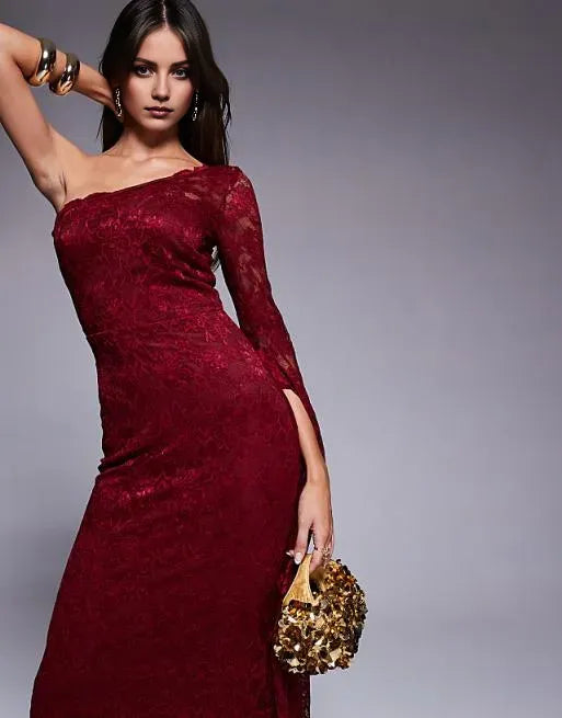 Charming Mermaid One-Shoulder Drape sleeve Lace-Embellished Back Zip Floor-Length Prom Dresses ﻿