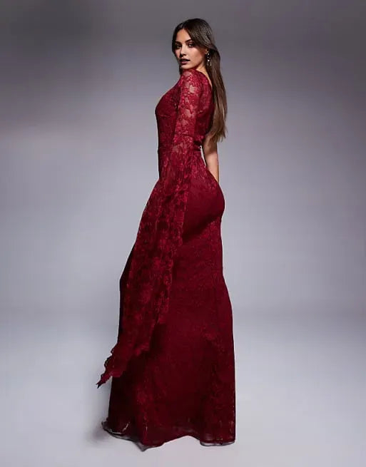 Charming Mermaid One-Shoulder Drape sleeve Lace-Embellished Back Zip Floor-Length Prom Dresses ﻿