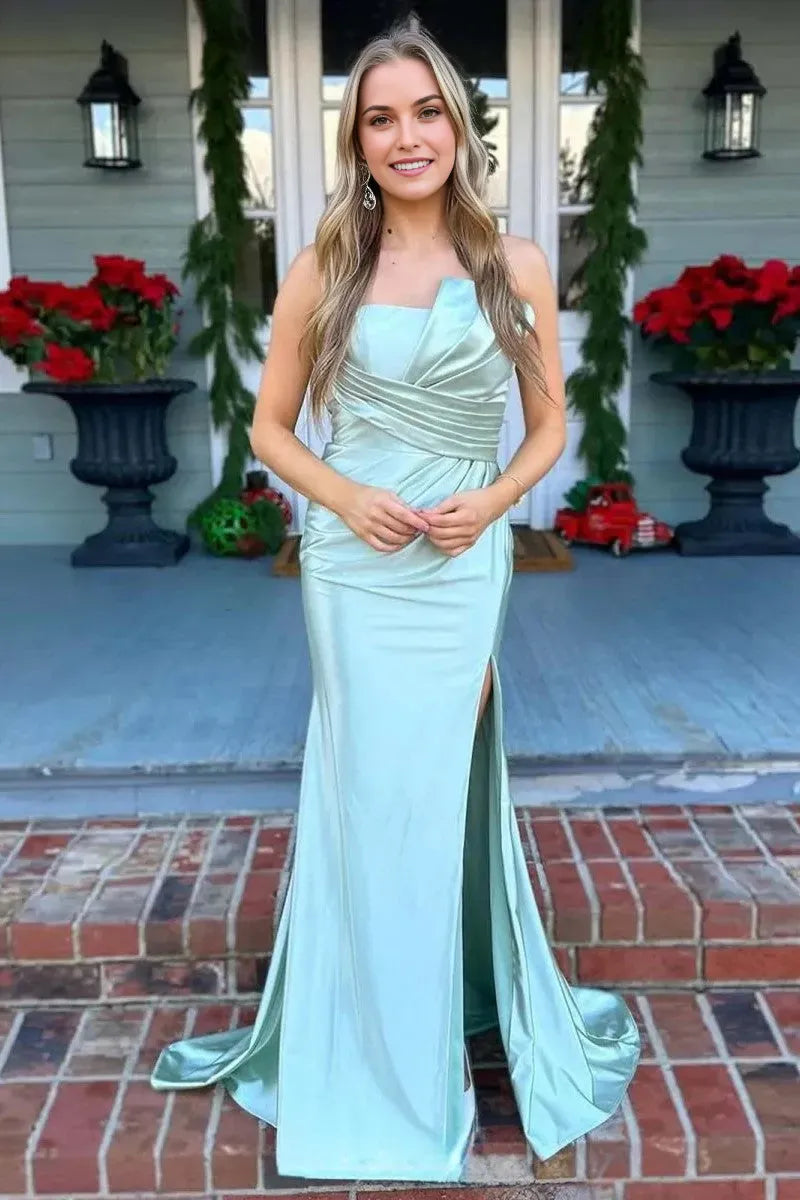 Charming Mermaid Strapless Sleeveless Ruched Draped Back Zip Satin Floor-Length Prom Dresses With Slit