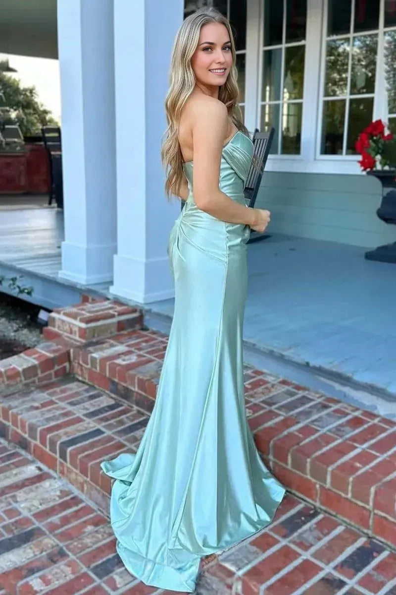 Charming Mermaid Strapless Sleeveless Ruched Draped Back Zip Satin Floor-Length Prom Dresses With Slit