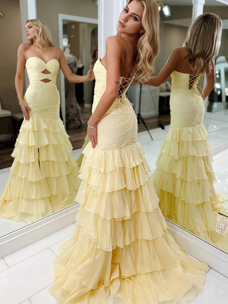Charming Mermaid Sweetheart Strapless Lace-Up Back Floor-Length Prom Dresses