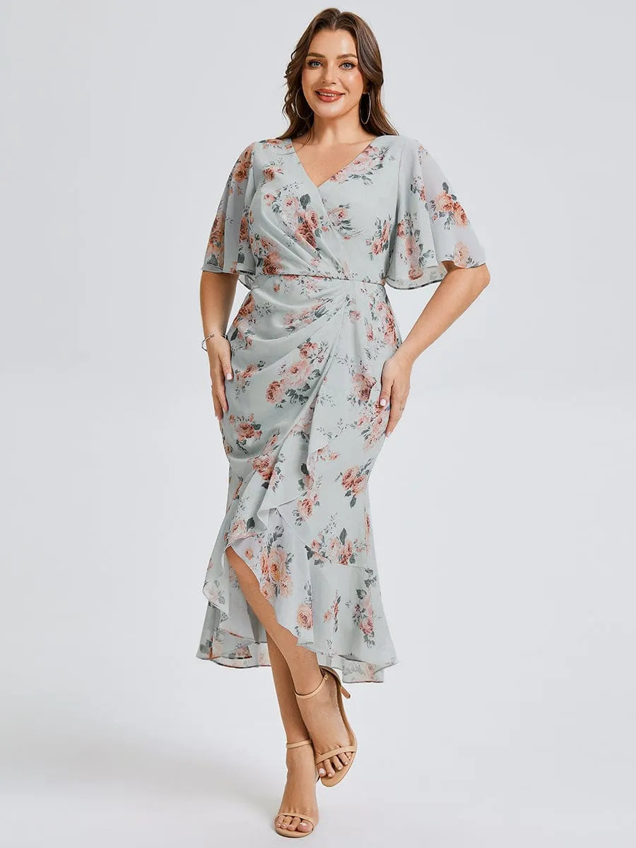 Charming Mermaid V-Neck Flutter Sleeve Zipper Back Midi-Length Plus Size Dresses