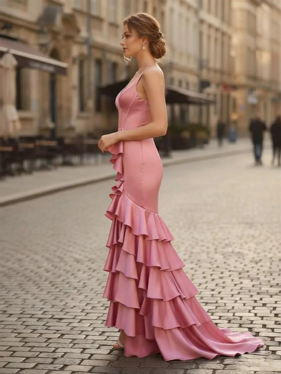 Charming Mermaid V-Neck Spaghetti Strap Lace-Up Back Floor-Length Prom Dresses