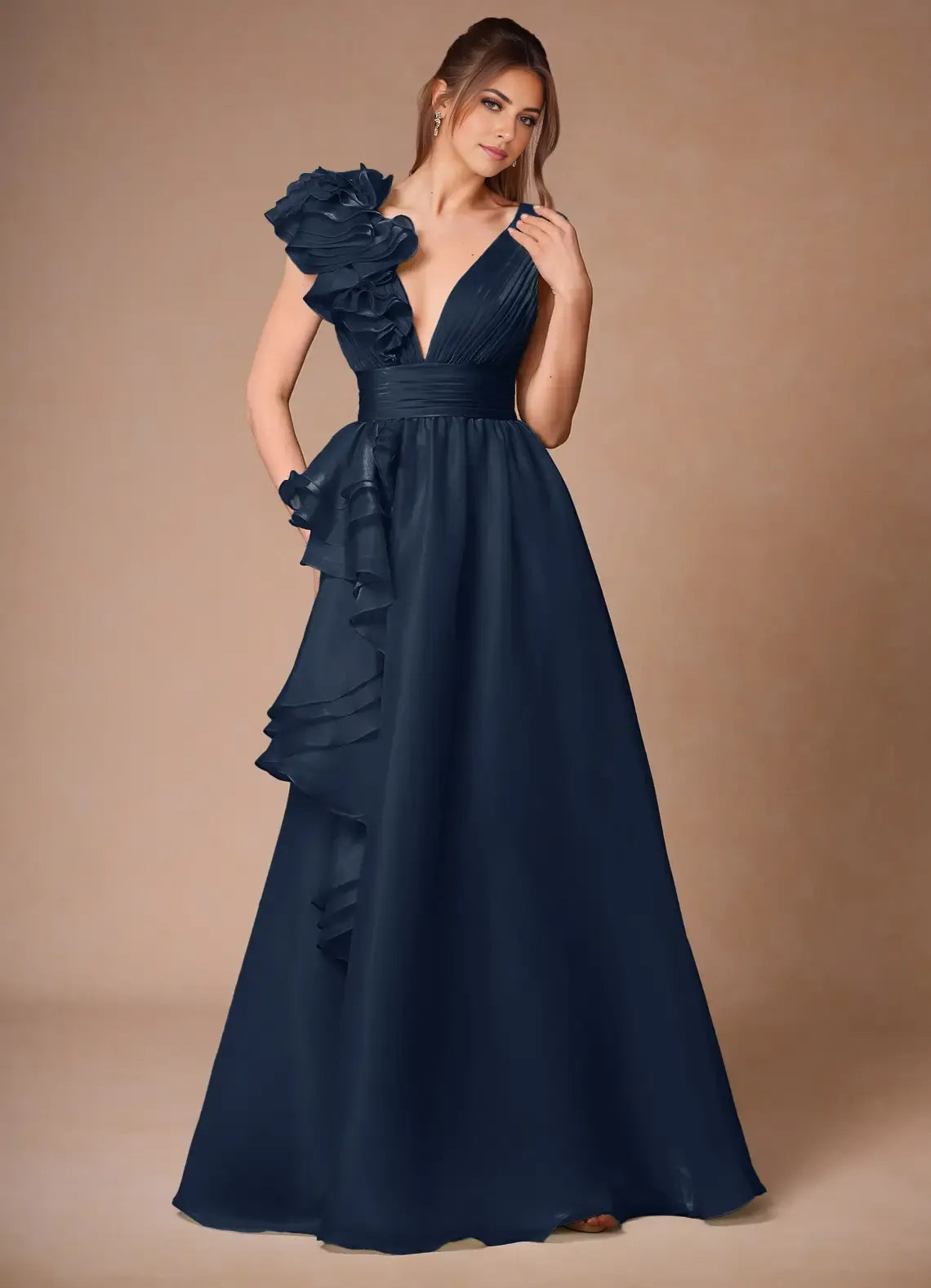 Charming Navy A-Line One-Shoulder Sleeveless Backless Floor-Length Ruffled Bodice Chiffon Prom Dress