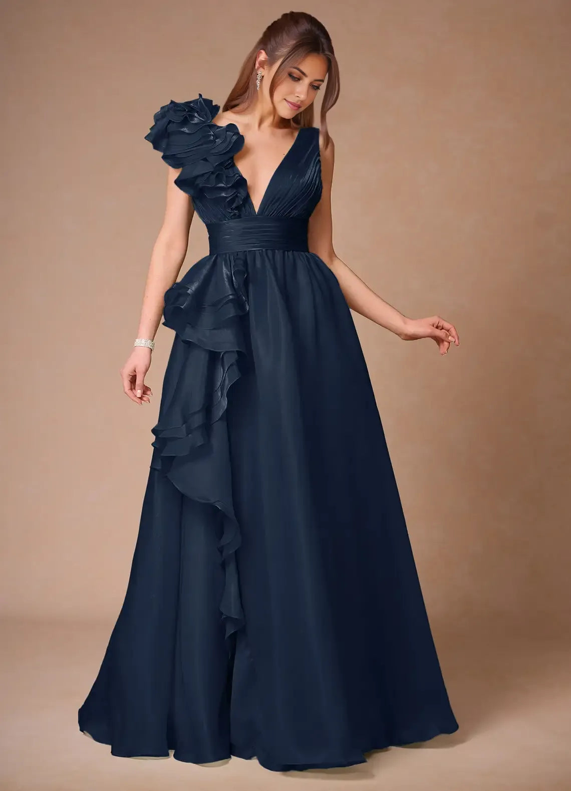 Charming Navy A-Line One-Shoulder Sleeveless Backless Floor-Length Ruffled Bodice Chiffon Prom Dress