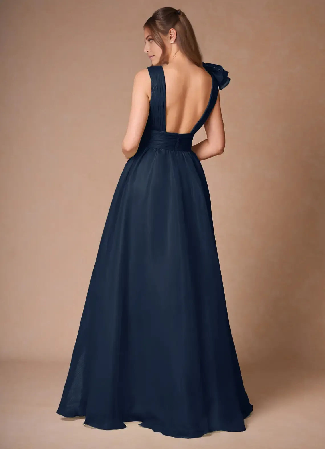 Charming Navy A-Line One-Shoulder Sleeveless Backless Floor-Length Ruffled Bodice Chiffon Prom Dress