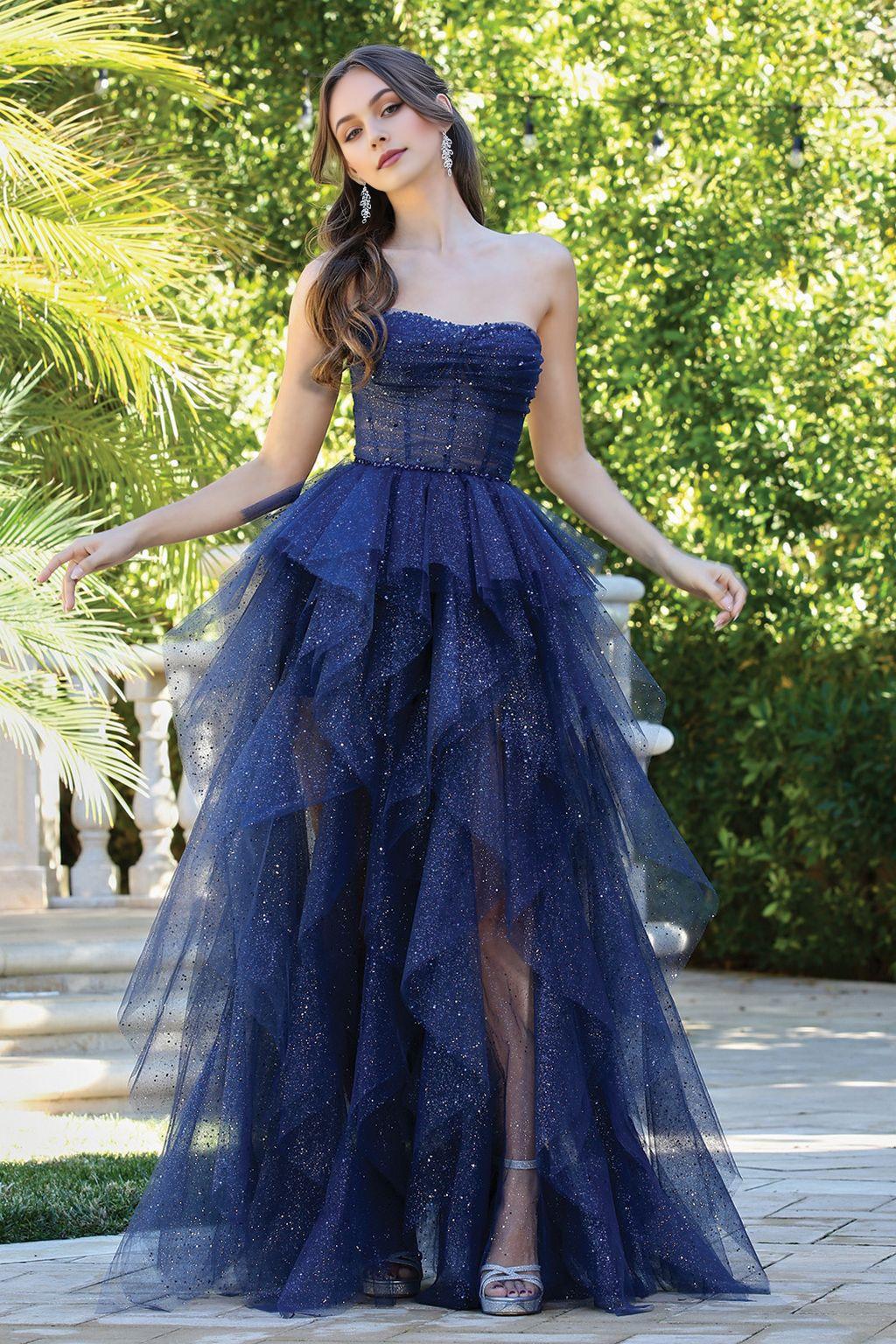 Charming Navy A-Line Strapless Sleeveless Glitter Ruffled Tulle Lace Up Floor-Length Prom Dress ﻿