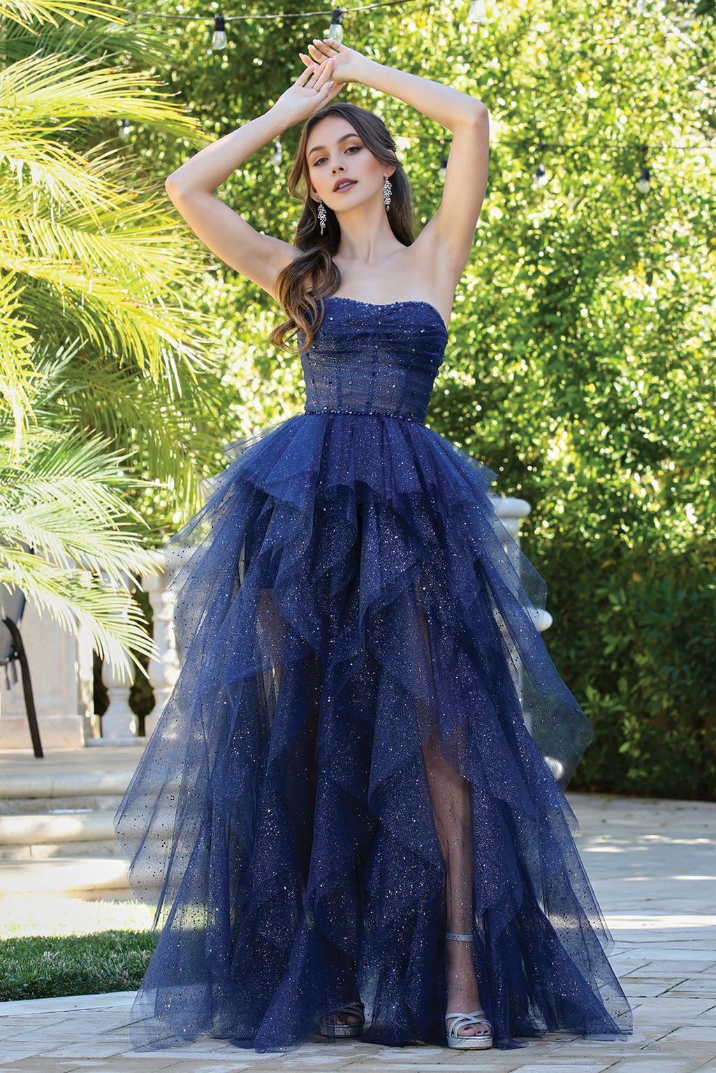 Charming Navy A-Line Strapless Sleeveless Glitter Ruffled Tulle Lace Up Floor-Length Prom Dress ﻿