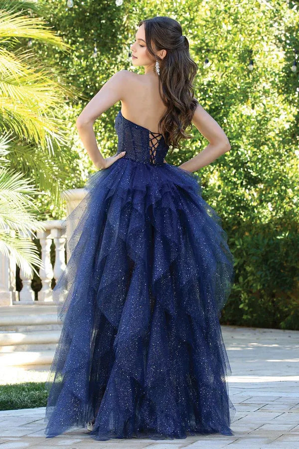 Charming Navy A-Line Strapless Sleeveless Glitter Ruffled Tulle Lace Up Floor-Length Prom Dress ﻿