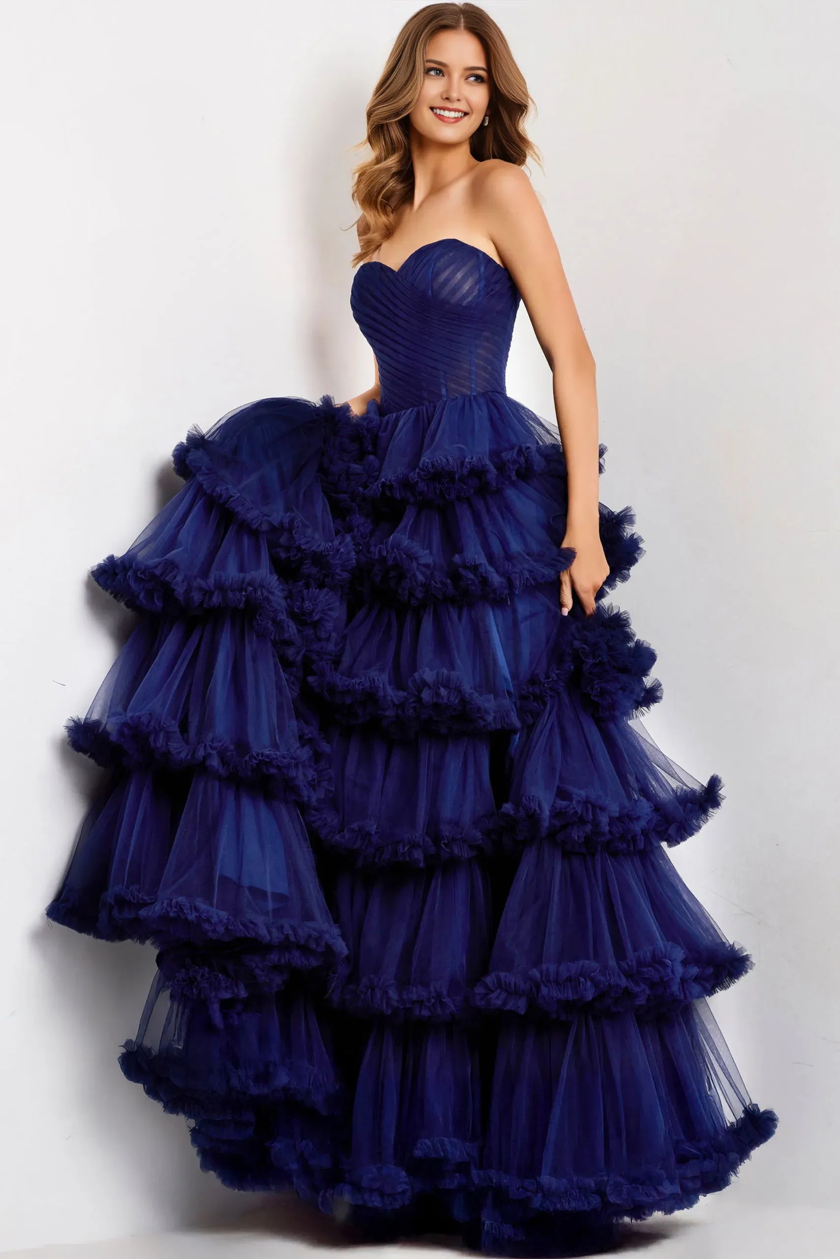 Charming Navy A-Line Sweetheart Neck Sleeveless Back Zip Tiered Ruffle Tulle Slit Floor-Length Prom Dresses