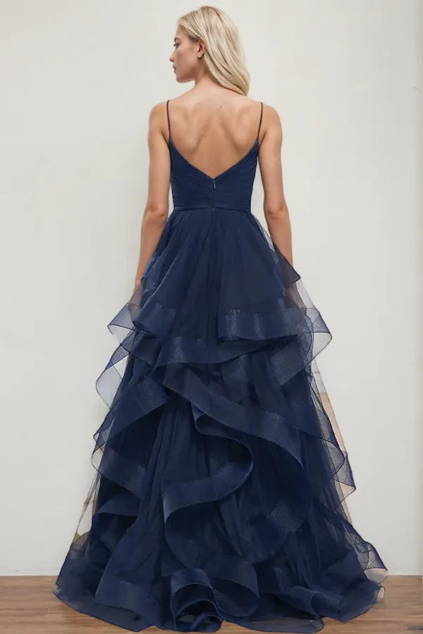 Charming Navy Blue A-line V-Neck Sleeveless Back Zip Ruched Tiered Tulle High Side Slit Floor-Length Prom Dresses