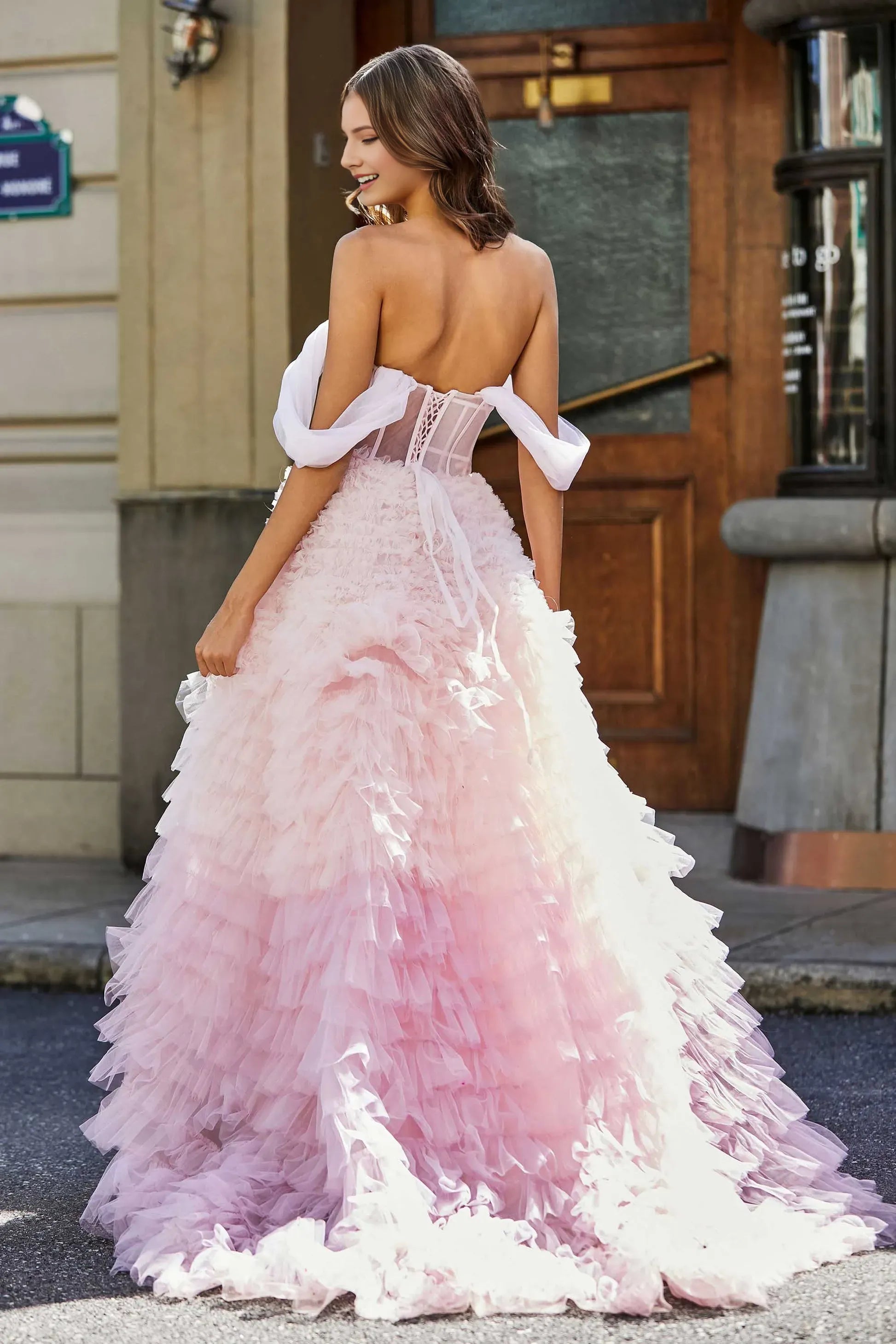 Charming Pink A-Line Off-the-Shoulder Strapless Lace Up Ruffles Tiered Tulle Corset Floor-Length Prom Dresses ﻿