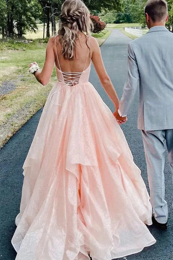 Charming Pink A-Line Plunging V-Neck Spaghetti Straps Crisscross Back Tiered Ruffles Floor-Length Prom Dresses