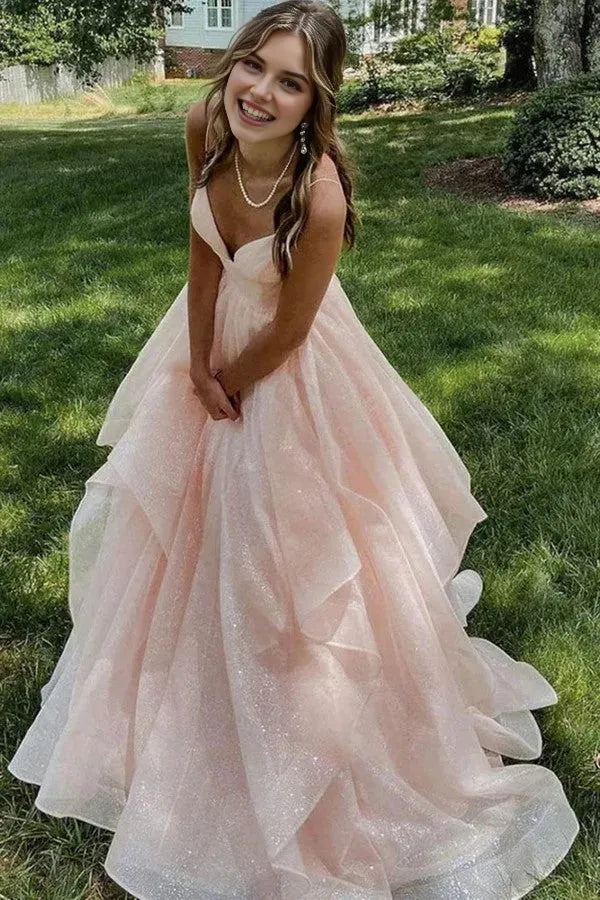 Charming Pink A-Line Plunging V-Neck Spaghetti Straps Crisscross Back Tiered Ruffles Floor-Length Prom Dresses