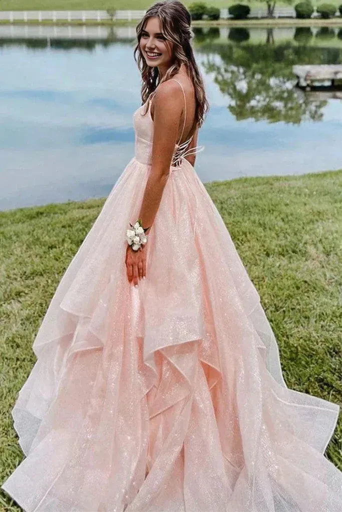 Charming Pink A-Line Plunging V-Neck Spaghetti Straps Crisscross Back Tiered Ruffles Floor-Length Prom Dresses