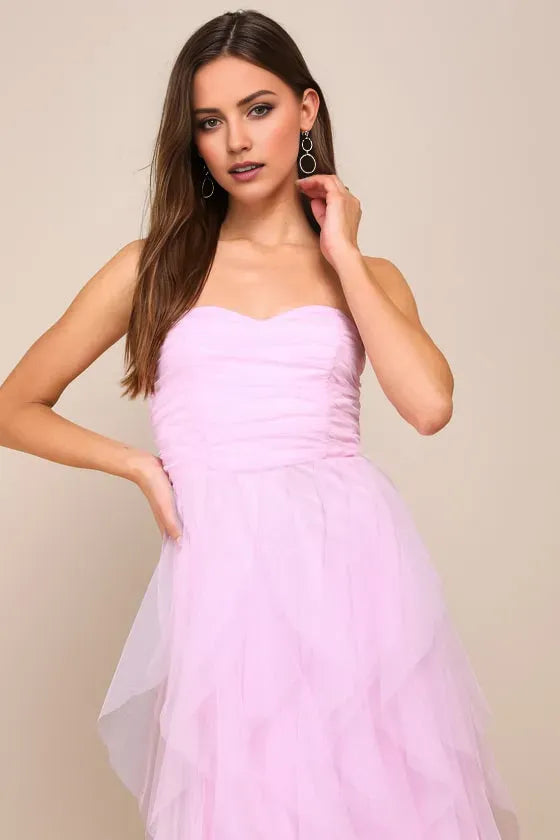 Charming Pink A-Line Strapless Sleeveless Back Zip Back Floor-Length Ruched Tulle Tiered Prom Dress